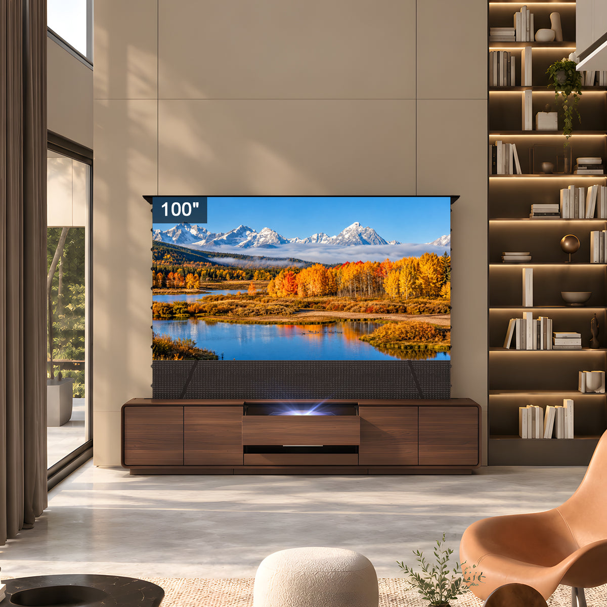NothingProjector Walnut laser TV cabinet in a living room with a 100 inch ALR floor rising screen raised