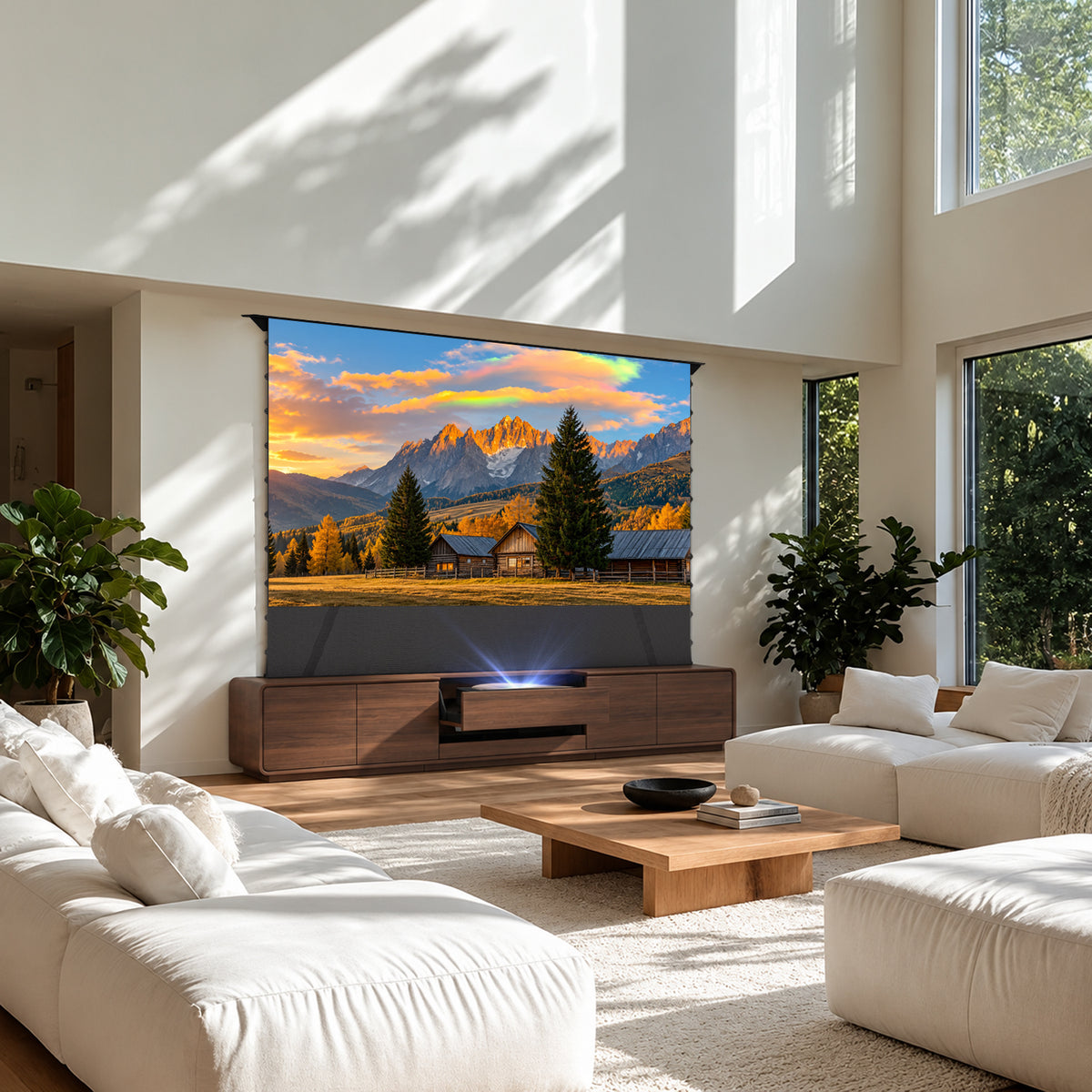 NothingProjector walnut laser TV cabinet with motorized flip-and-extend platform for ultra short throw projectors