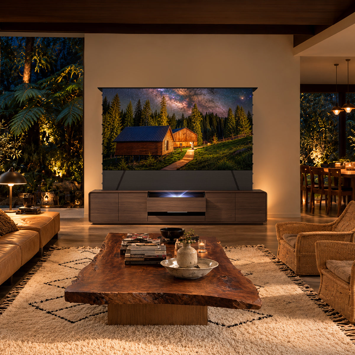 NothingProjector smart motorized flip UST projector cabinet in walnut, pre-assembled laser TV cabinet for 100 to 120 inch ALR screens