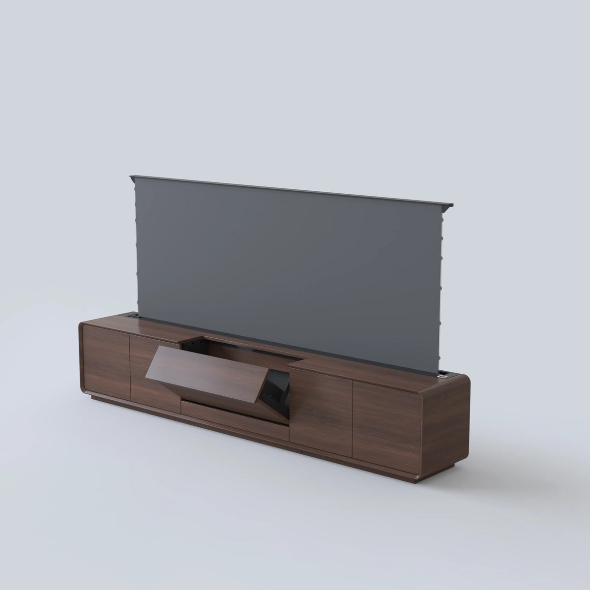 NothingProjector Walnut UST projector cabinet, full front view on a neutral grey background
