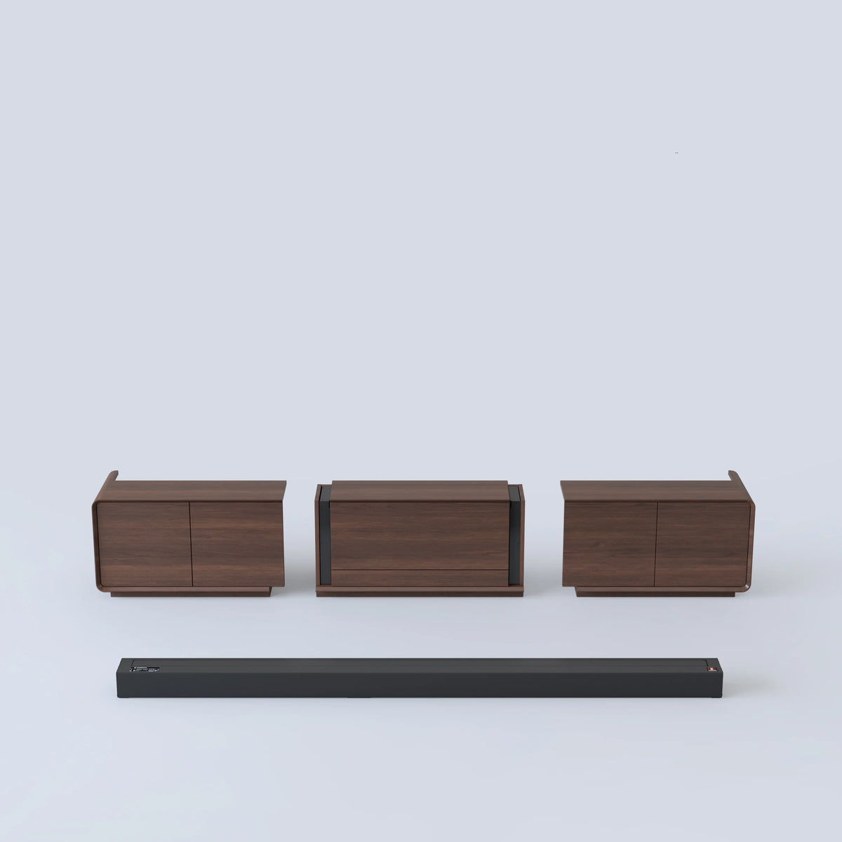 NothingProjector Walnut laser TV cabinet, front view with the screen in use