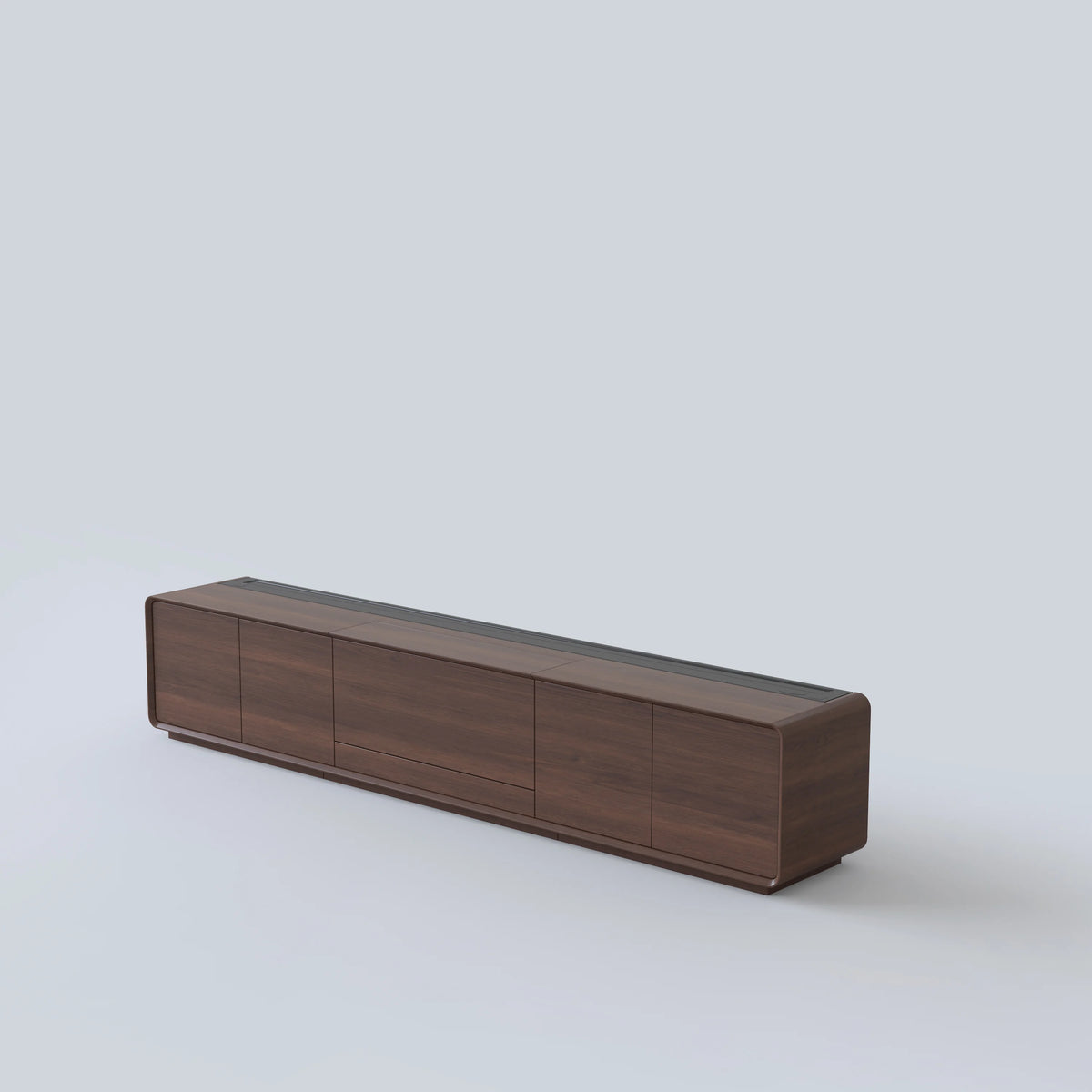 NothingProjector Walnut laser TV cabinet, front view of the three pre-assembled modules