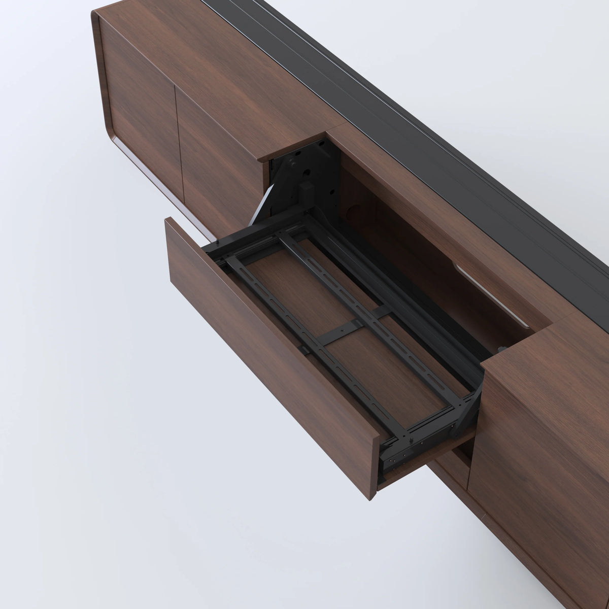 NothingProjector Walnut laser TV cabinet in a modern living room with a floor rising ALR screen