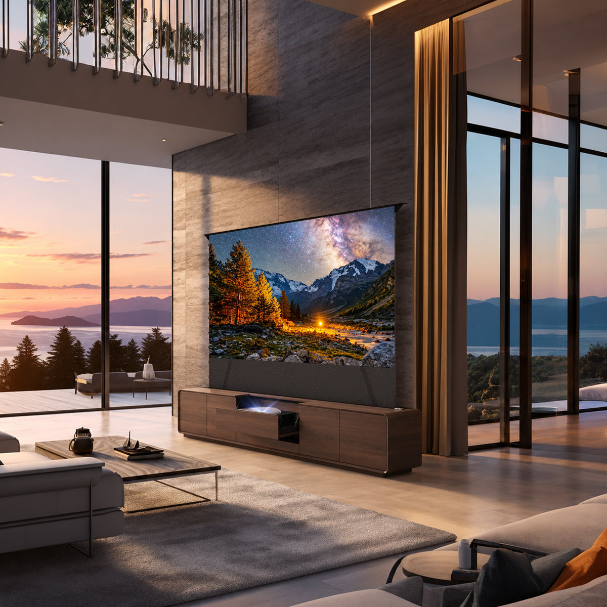 NothingProjector walnut UST projector cabinet set up in a living room with a floor rising ALR screen