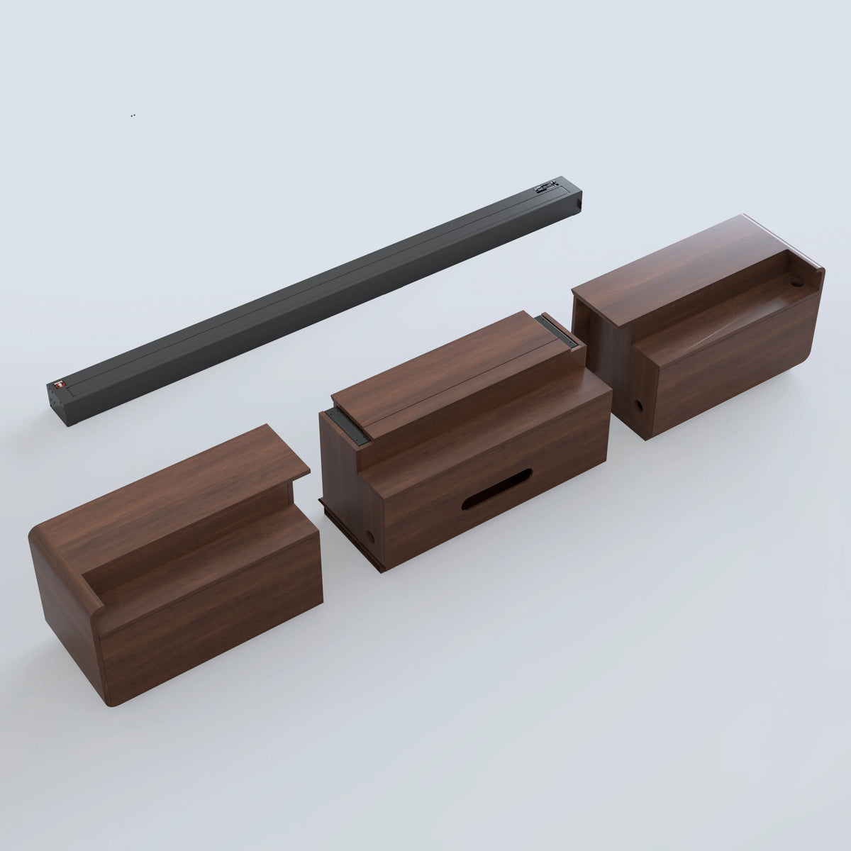 NothingProjector Walnut UST projector cabinet at a three-quarter angle showing both side modules