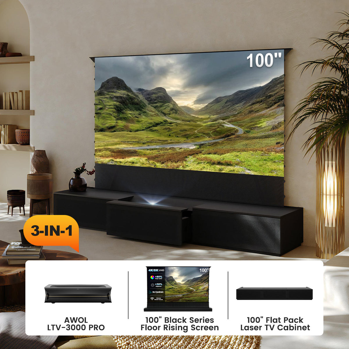 Laser TV Cabinet with floor rising screen and awol vision ltv-3000 pro 
projector bundle