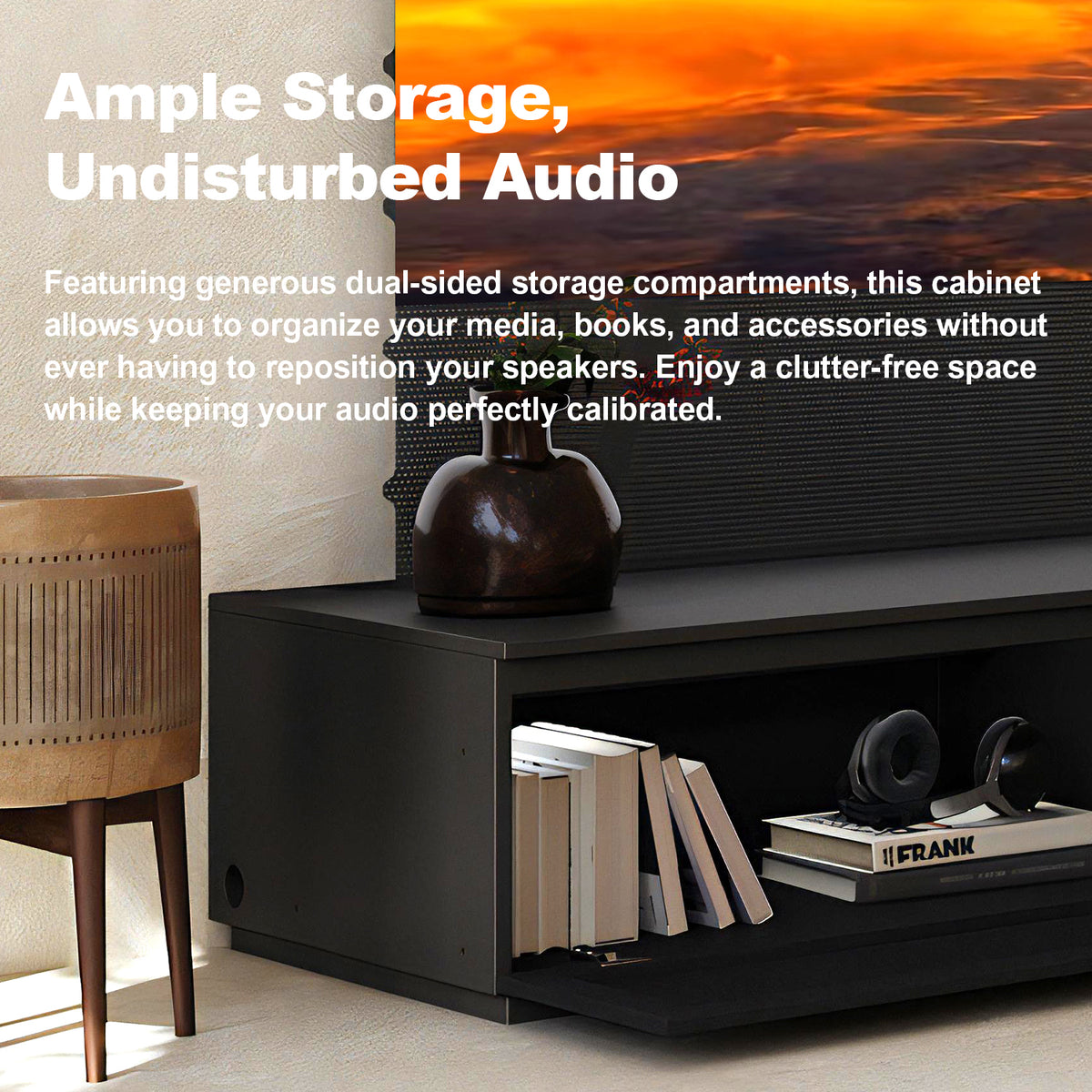 Storage compartment of Shore Black DIY UST projector stand with perforated acoustic front panel for soundbars