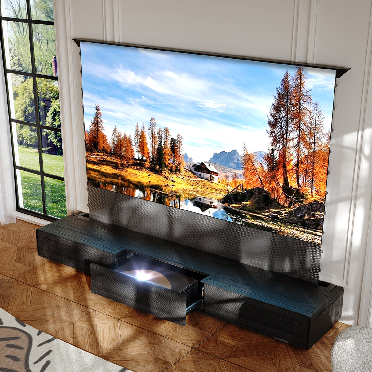 Pre-assembled Shore Wood Grain UST projector console featuring motorized floor rising screen and black wood finish