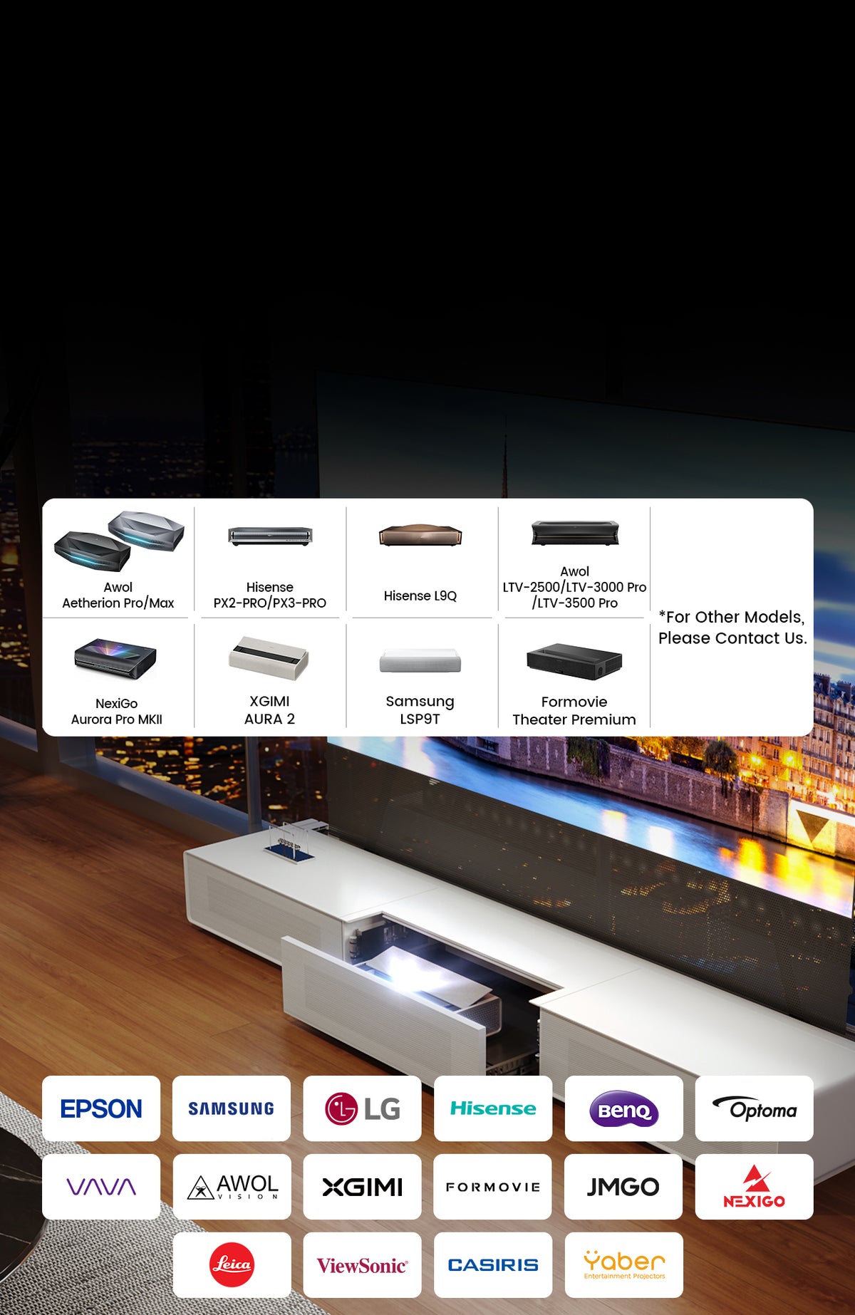 The Shore Laser TV Cabinet offers extensive compatibility with major brands like Hisense, Samsung, and XGIMI