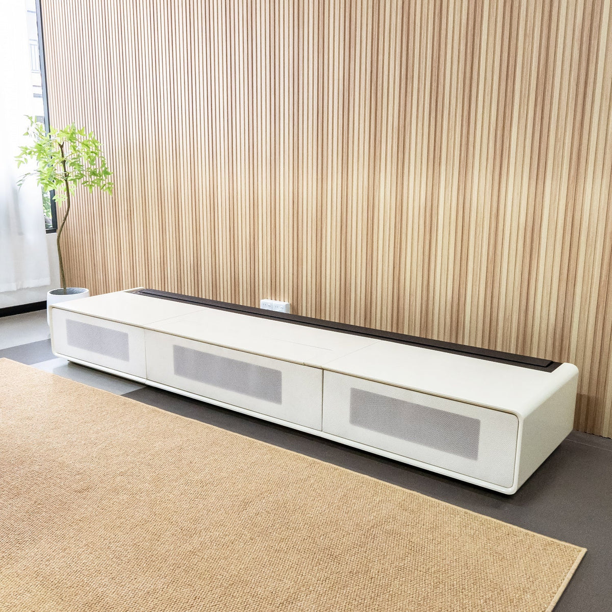 front view of Modern matte white laser TV cabinet