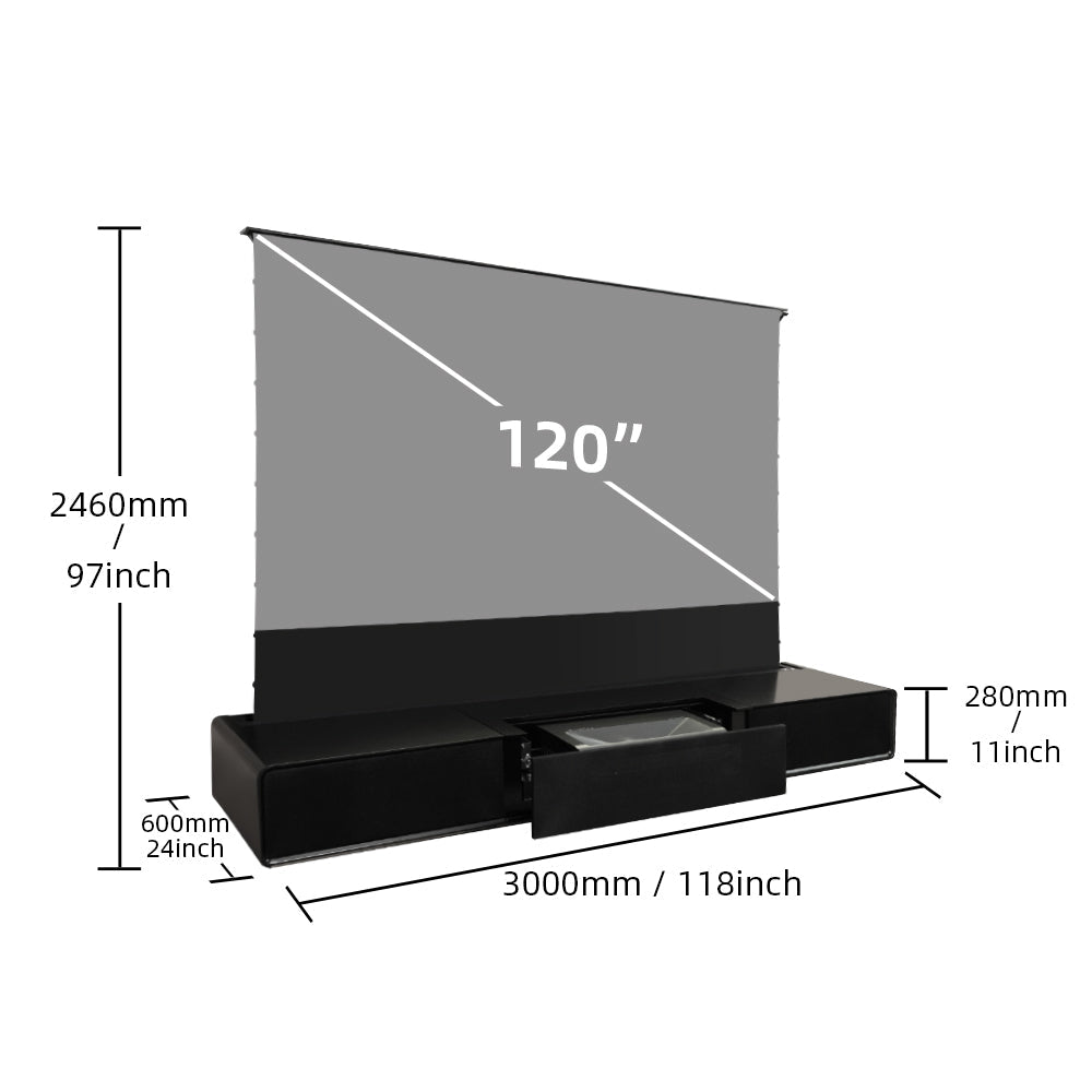 Specific dimensions of modern matte black laser TV cabinet 120 inch