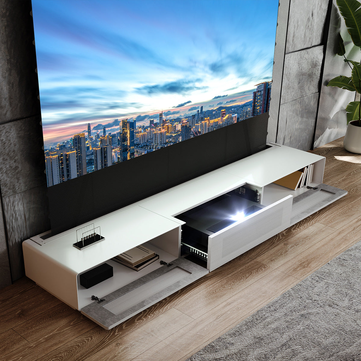 Pre-assembled Matte White Laser TV Cabinet for Ultra Short Throw Projector