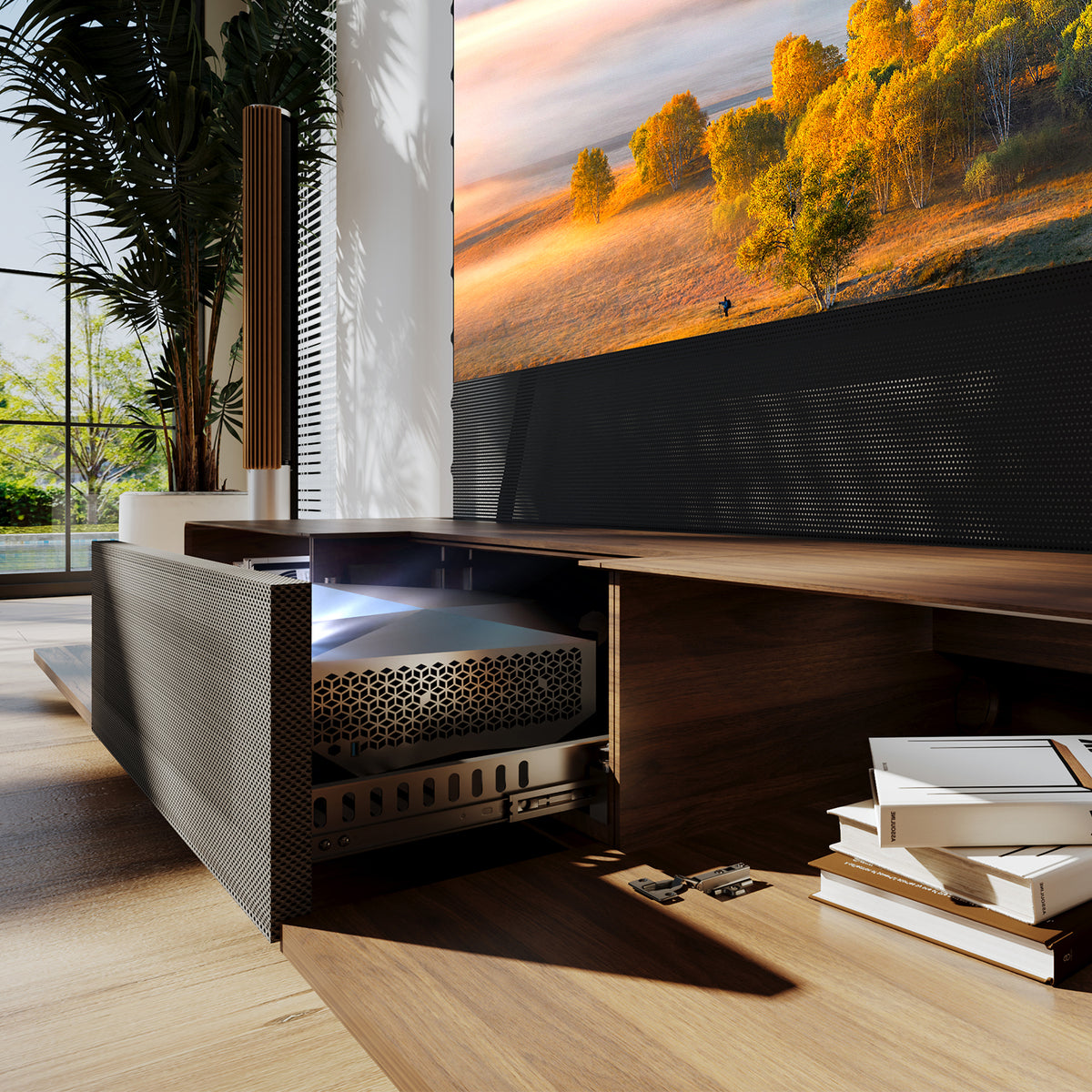 Shore Walnut Matte Motorized UST Laser TV Cabinet (Pre-assembled)