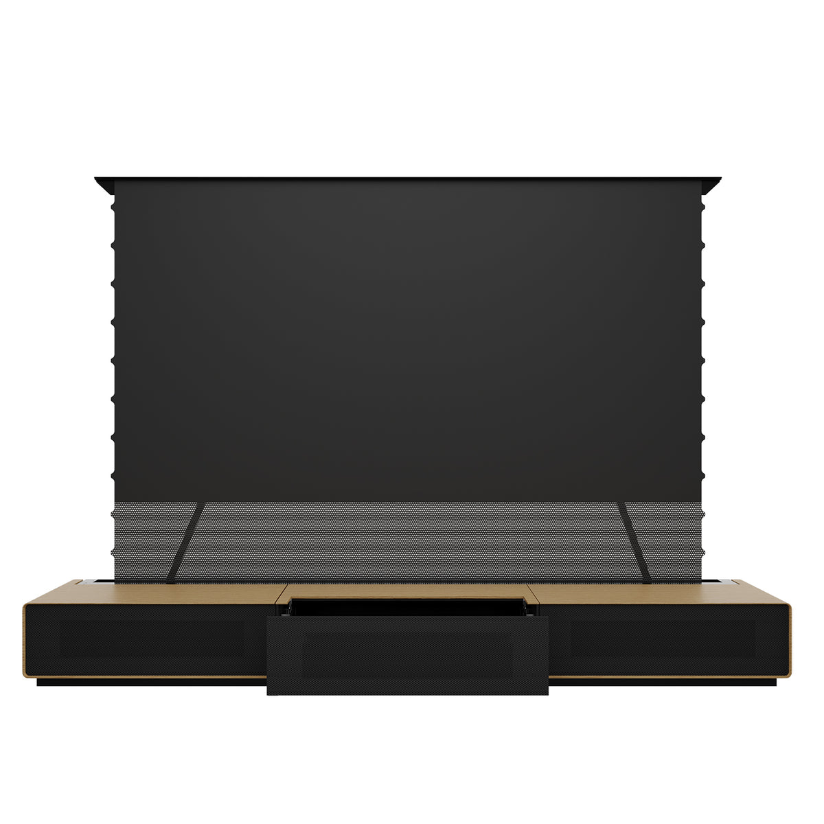 Front view of the Shore Oak UST cabinet featuring black perforated mesh panels for optimal sound and airflow