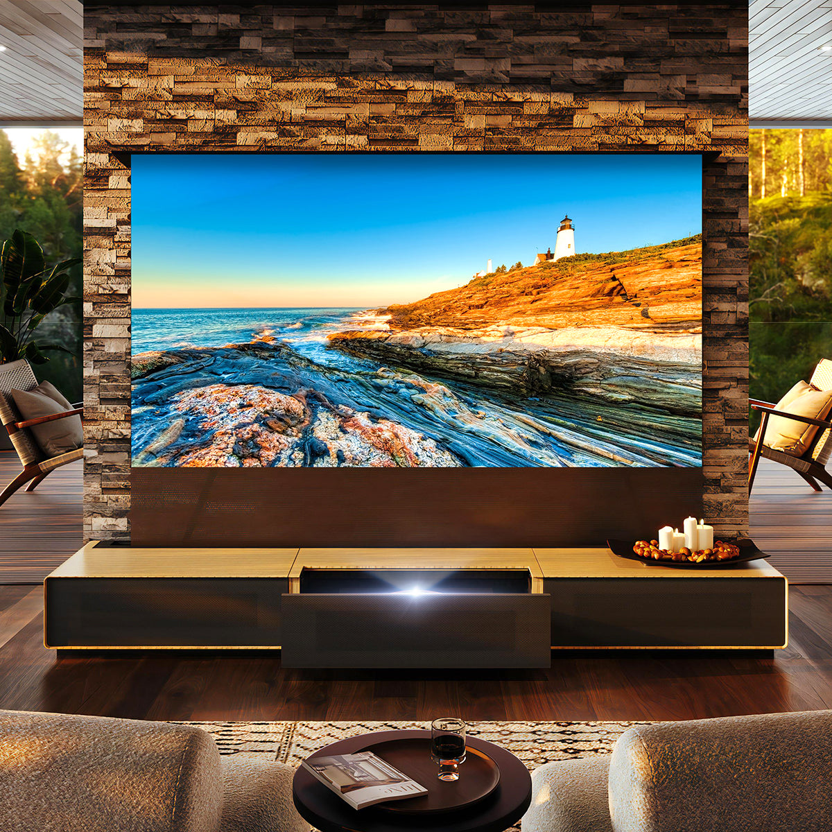 Shore Oak Cabinet for UST projector featuring a minimalist light wood design and pre-assembled construction