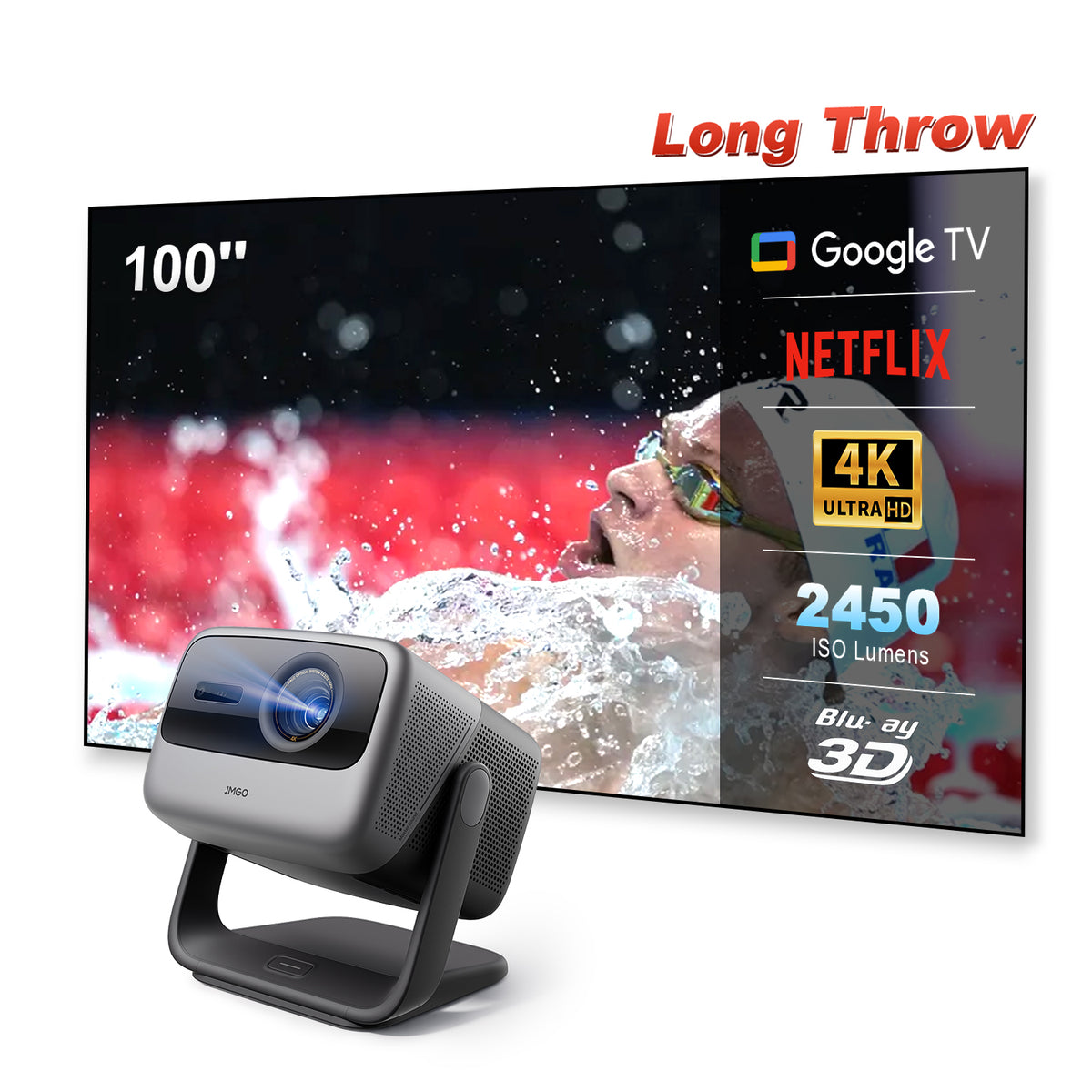 JMGO N1S Infinity Long Throw Triple Laser 4K Google TV Projector 2450 ISO Lumens