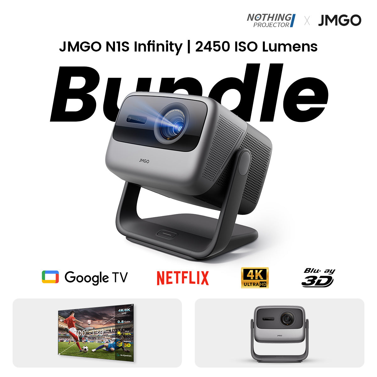 JMGO N1S Infinity Long Throw Triple Laser 4K Google TV Projector 2450 ISO Lumens