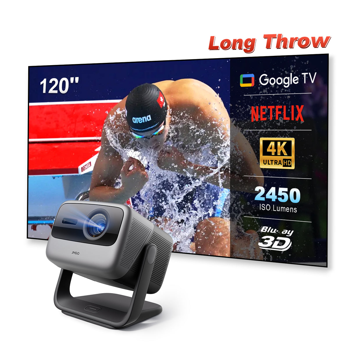 JMGO N1S Infinity Long Throw Triple Laser 4K Google TV Projector 2450 ISO Lumens