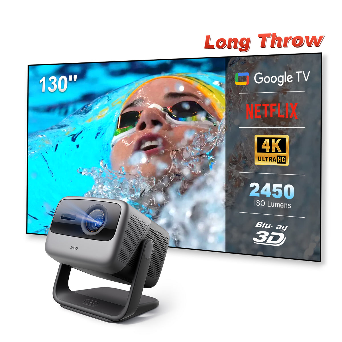 JMGO N1S Infinity Long Throw Triple Laser 4K Google TV Projector 2450 ISO Lumens
